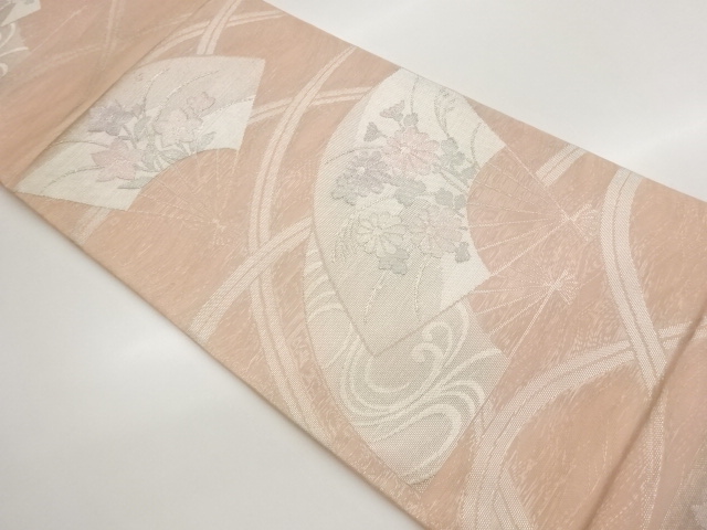 紗　扇に草花模様織出し袋帯
